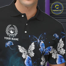 Load image into Gallery viewer, Custom Blue Butterfly Bowling Polo Shirt, 1/4 zip jersey For Men, Bowling Team Shirt With Butterflies NQS11612