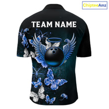 Load image into Gallery viewer, Custom Blue Butterfly Bowling Polo Shirt, 1/4 zip jersey For Men, Bowling Team Shirt With Butterflies NQS11612