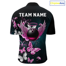 Load image into Gallery viewer, Custom Pink Butterfly Bowling Polo, 1/4 zip jerseys For Men, Bowling Team Shirt With Butterflies NQS11614