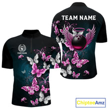 Load image into Gallery viewer, Custom Pink Butterfly Bowling Polo, 1/4 zip jerseys For Men, Bowling Team Shirt With Butterflies NQS11614