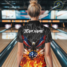 Load image into Gallery viewer, Black &amp; Orange Flame American Flag Eagle Bowling Shirt For Women Custom Patriotic Bowling Team Jersey NQS11722