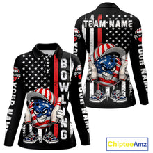 Load image into Gallery viewer, Black American Flag Funny Bowling Polo, 1/4 Zip Shirt For Women Custom Patriotic Bowling Team Jersey NQS11723
