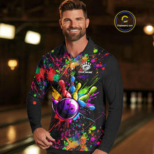 Load image into Gallery viewer, Colorful watercolor Bowling Polo, 1/4 Zip Shirt for mens Custom Bowling Team jersey for bowlers NQS10242