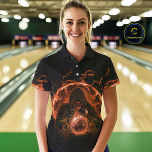 Women bowling polo, 1/4 zip shirts Custom orange flame skull bowling team jerseys, gift for Bowlers NQS10613