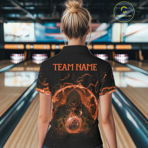 Women bowling polo, 1/4 zip shirts Custom orange flame skull bowling team jerseys, gift for Bowlers NQS10613