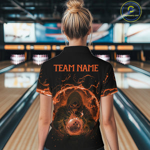 Women bowling polo, 1/4 zip shirts Custom orange flame skull bowling team jerseys, gift for Bowlers NQS10613