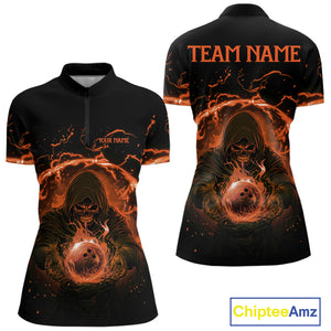 Women bowling polo, 1/4 zip shirts Custom orange flame skull bowling team jerseys, gift for Bowlers NQS10613