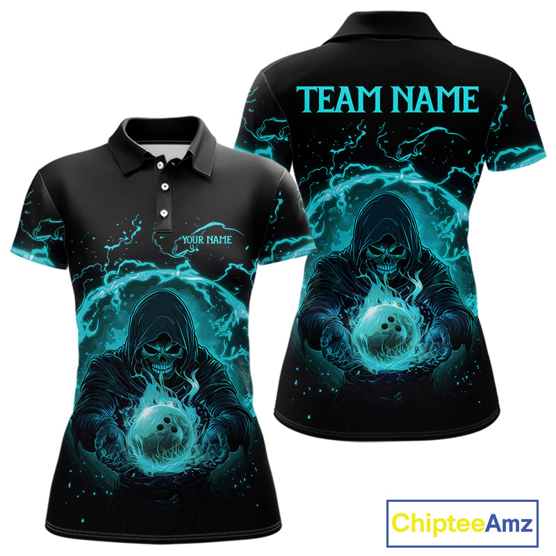 Women bowling polo, 1/4 zip shirts Custom cyan blue flame skull bowling team jersey, gift for Bowlers NQS10614