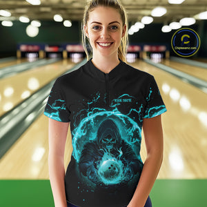 Women bowling polo, 1/4 zip shirts Custom cyan blue flame skull bowling team jersey, gift for Bowlers NQS10614