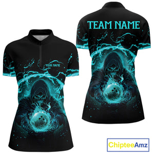 Women bowling polo, 1/4 zip shirts Custom cyan blue flame skull bowling team jersey, gift for Bowlers NQS10614