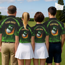 Load image into Gallery viewer, Flame golf ball green shamrock St Patrick's Day Custom couple matching men and womens golf shirts NQS11413