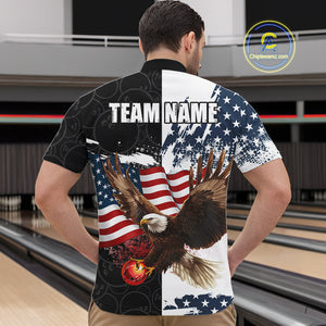 Red, White, Blue American Flag Eagle Men Bowling Shirt Custom Patriotic Black Camo Bowling Team Jersey NQS9863