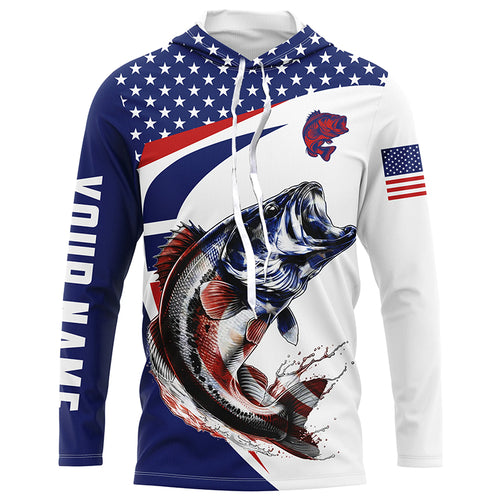 Red white and blue Largemouth Bass fishing American flag patriotic Custom UV protection Fishing Shirts NQS5689
