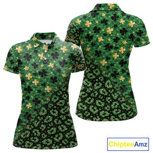 Load image into Gallery viewer, Green and Gold Clover glitter leopard St Patrick's day pattern custom shamrock Women golf polo shirts NQS11423