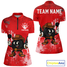 Load image into Gallery viewer, Custom Funny Cowboy Gunster Bowling Polo, 1/4 zip Shirts For Women, Bowling Team League Jerseys | Red NQS11625