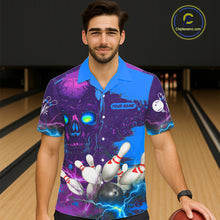 Load image into Gallery viewer, Purple and Blue Lightning Thunder Storm Skull Bowling Button-up Shirt Custom Bowling Team Jerseys NQS11729