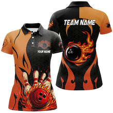 Load image into Gallery viewer, Black and Orange Flame Bowling Polo, Quarter Zip shirts for women custom team bowling jersey bowl gift NQS7799