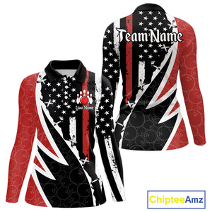 Red, White and Black American Flag Bowling Shirts for Women Custom Patriotic Team Bowling Jersey NQS10429