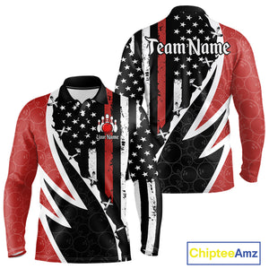 Red, White and Black American Flag Bowling Shirts for Men Custom Patriotic Team Bowling Jersey NQS10429
