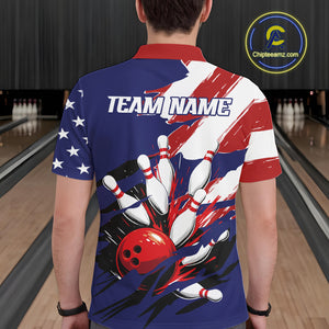 Red, White and Blue American flag Bowling Shirts for Men Custom Patriotic Bowling Team Outfit Uniform NQS10431