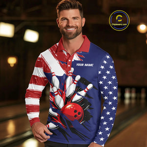 Red, White and Blue American flag Bowling Shirts for Men Custom Patriotic Bowling Team Outfit Uniform NQS10431