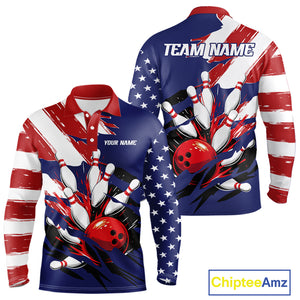 Red, White and Blue American flag Bowling Shirts for Men Custom Patriotic Bowling Team Outfit Uniform NQS10431