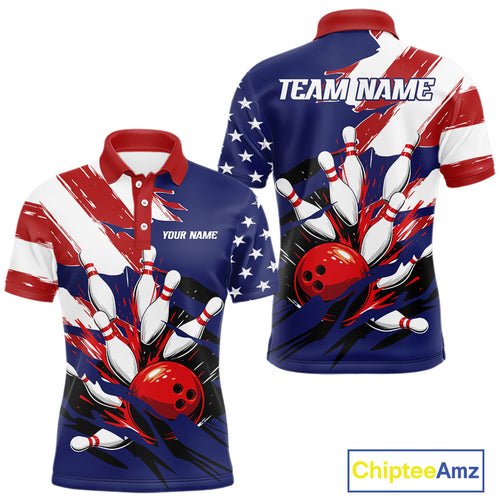 Red, White and Blue American flag Bowling Shirts for Men Custom Patriotic Bowling Team Outfit Uniform NQS10431