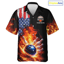 Load image into Gallery viewer, American Flag Flame bowling Hawaiian shirts Custom patriotic team bowling button-up shirts NQS11432