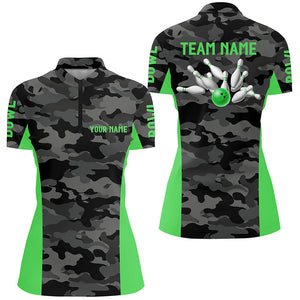 Women bowling Polo, Quarter Zip shirts Custom gray camo Bowling Team League Jerseys | Green NQS7605