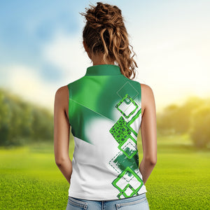 Women Sleeveless polo shirt custom white and green shamrock St Patrick day golf shirts, golfing gifts NQS9676