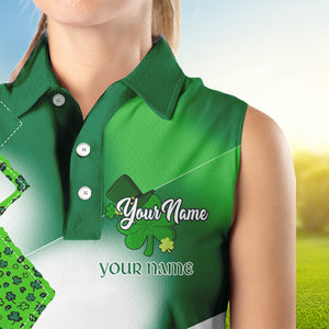 Women Sleeveless polo shirt custom white and green shamrock St Patrick day golf shirts, golfing gifts NQS9676