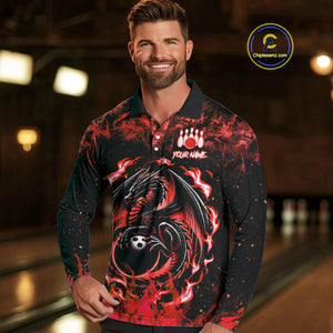 Black and Red Flame Dragon bowling shirts for Men Custom Bowling Team Jersey, gift for Bowler NQS10245