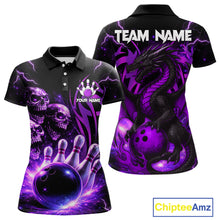 Load image into Gallery viewer, Custom Black and Purple Lightning Thunder Skull Dragon Bowling Shirts For Women, Team Bowling Jerseys NQS11641