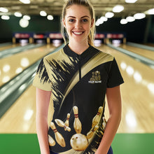 Load image into Gallery viewer, Personalized Black and Gold Bowling Polo, Quarter Zip Shirts For Women Custom Bowling Team Jersey NQS9531