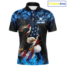 Load image into Gallery viewer, Blue Flame American Flag Eagle golf polo shirts for Men Custom patriotic mens golf outfit NQS11644
