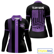 Load image into Gallery viewer, Custom Black and Purple American Flag Retro Bowling Team Shirts For Women, Patriotic Bowling Outfits NQS11650