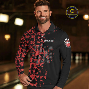 Black and Red Camo Funny Skull Bowling Polo, Quarter Zip Shirt for Men Custom Bowling Team Jersey NQS9969