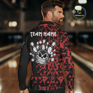 Black and Red Camo Funny Skull Bowling Polo, Quarter Zip Shirt for Men Custom Bowling Team Jersey NQS9969