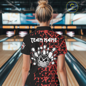 Black and Red Camo Funny Skull Bowling Polo, Quarter Zip Shirt for Women Custom Bowling Team Jersey NQS9969