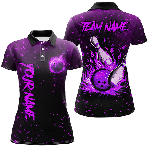 Purple Flame Bowling Jersey For Women Custom Bowling Polo, Quarter-Zip Shirt for Team, Gift for Bowler NQS8466