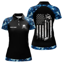 Load image into Gallery viewer, Black and Blue Camo American Flag Womens Golf Polo Shirts custom patriotic golf tops for women NQS9180