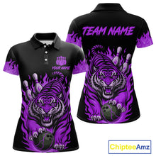 Load image into Gallery viewer, Black and Purple Flame Tiger Bowling Polo, 1/4 Zip Shirts for Women Custom Team Tiger Bowling Jersey NQS11258