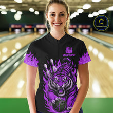 Load image into Gallery viewer, Black and Purple Flame Tiger Bowling Polo, 1/4 Zip Shirts for Women Custom Team Tiger Bowling Jersey NQS11258