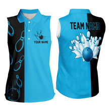 Load image into Gallery viewer, Cyan Blue and Black retro vintage Bowling Sleeveless Polo shirt for Women custom Bowling team jersey NQS9534