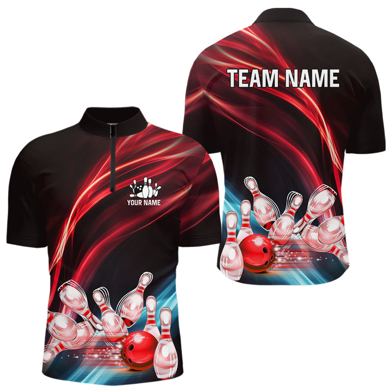 Custom Black and Red Mens bowling Polo, Quarter Zip Shirts, team bowling outfits for Men NQS9701