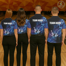 Load image into Gallery viewer, Personalized blue bowling shirt for women – bowling team jersey detail