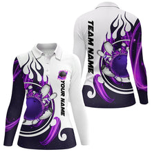 Load image into Gallery viewer, White Womens bowling shirts Custom purple flame bowling ball and pins Jerseys polo, quarter zip shirts NQS7634