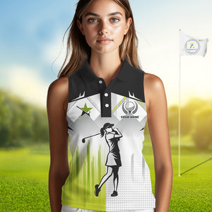 Black and White Women sleeveless polo shirt Custom ladies Golf top, personalized golf gifts | Green NQS10127