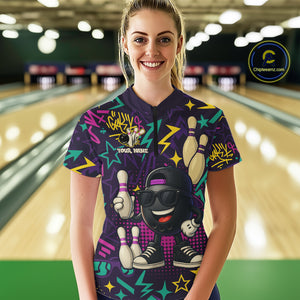 Funny Bowling shirts for Women custom purple graffiti pattern bowling team jerseys, gift for bowlers NQS10271