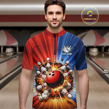 Load image into Gallery viewer, Funny Bowling Boom Polo, 1/4 Zip Shirt For Men Custom Red, White and Blue Team Bowler Jerseys NQS11660